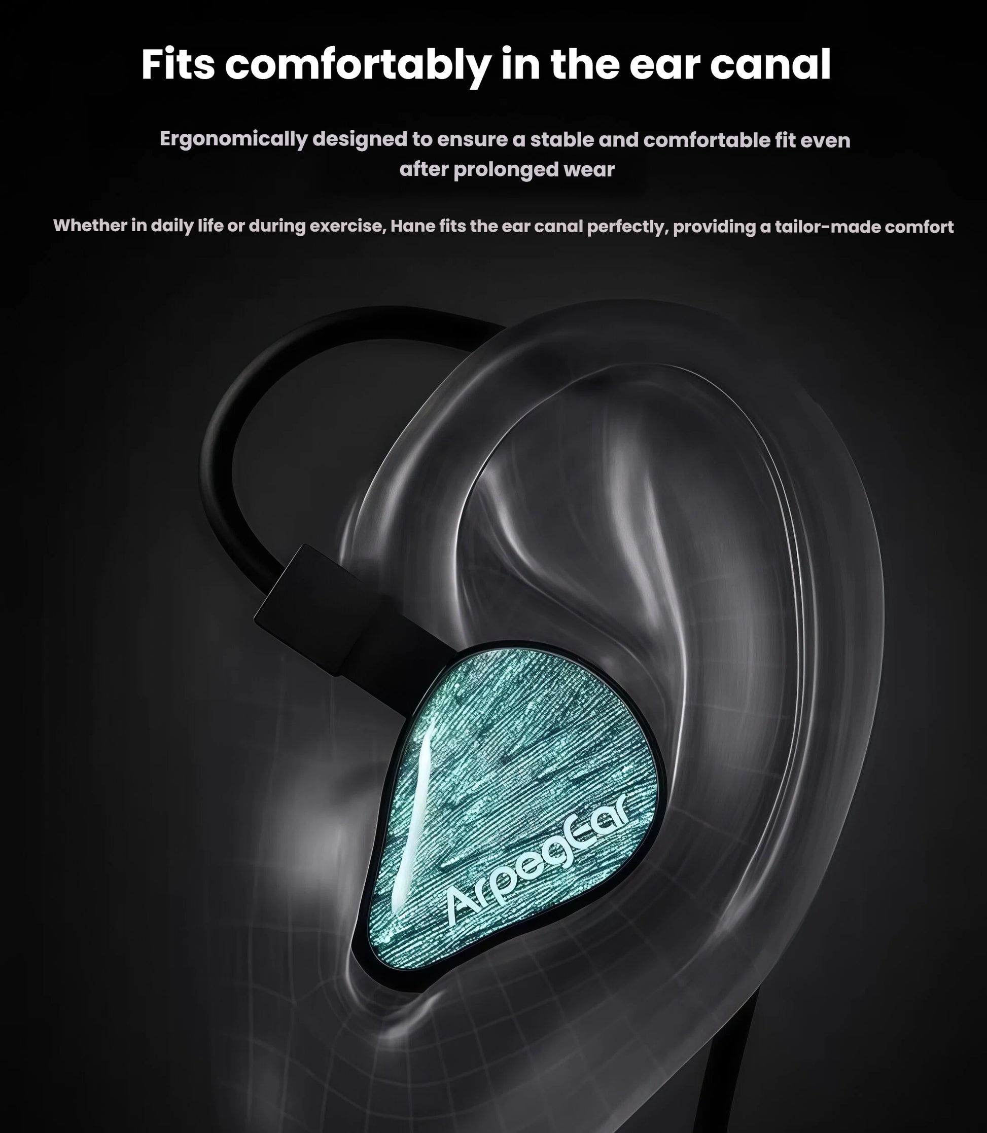 Close-up illustration showing Topping ArpegEar Hane in-ear monitor fitting snugly into the ear canal — ergonomically designed for stable, comfortable wear during daily use or exercise.