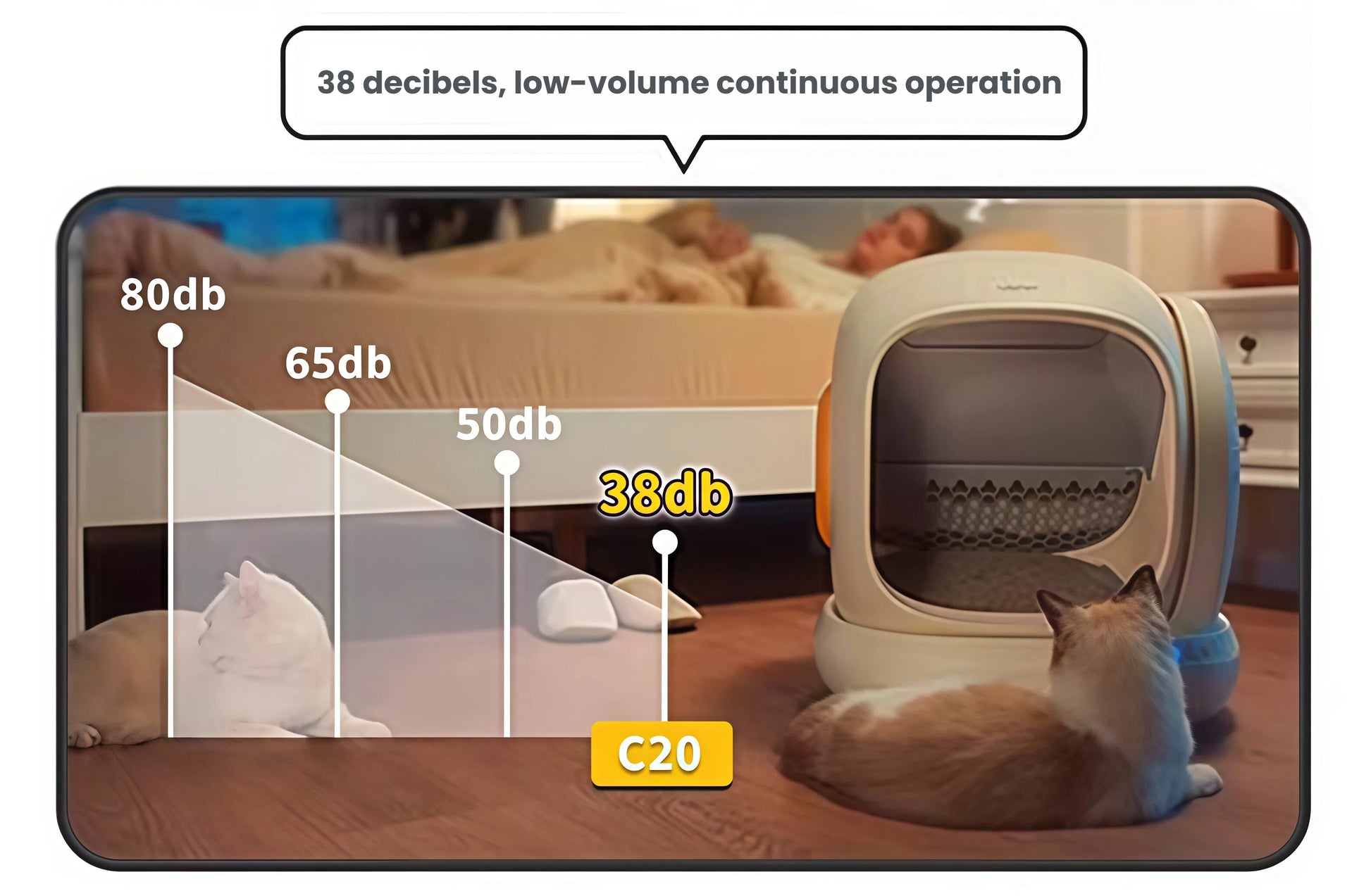 UB Pet C20 smart litter box operating at 38 decibels, quieter than normal conversation, shown in bedroom with sleeping person and cat nearby, emphasizing low-noise continuous cleaning