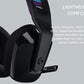 Close-up of the G535’s suspension headband and soft memory-foam ear pads, emphasizing the lightweight build for long gaming sessions.