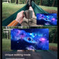 Person relaxing in hammock with coffee, using VITURE One Neckband’s Walking Mode to adjust XR screen size and position.