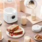 A lifestyle image showing the SUPOR blender as part of a healthy breakfast. It highlights its dual capacity: 1200ml for cold drinks like juices and 1000ml for hot drinks like the freshly poured soy milk shown, perfect for serving a family.