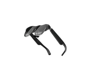 Studio shot of folded XREAL Air 2 Ultra AR glasses in matte black finish, ready for portable use.