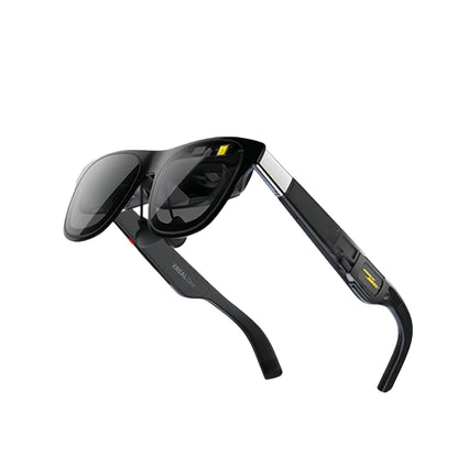 Studio shot of black XREAL One AR glasses with tinted lenses and metallic accents.