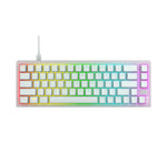 Front view of the Xtrfy K5V2 white mechanical keyboard featuring a compact 67-key layout and full rainbow RGB backlighting, offering a sleek, modern look ideal for minimalist desks and gamers.