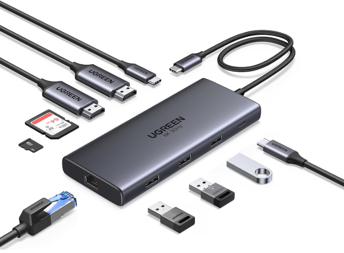 UGREEN Revodok Pro 210 10-in-1 USB-C dock and connected ports