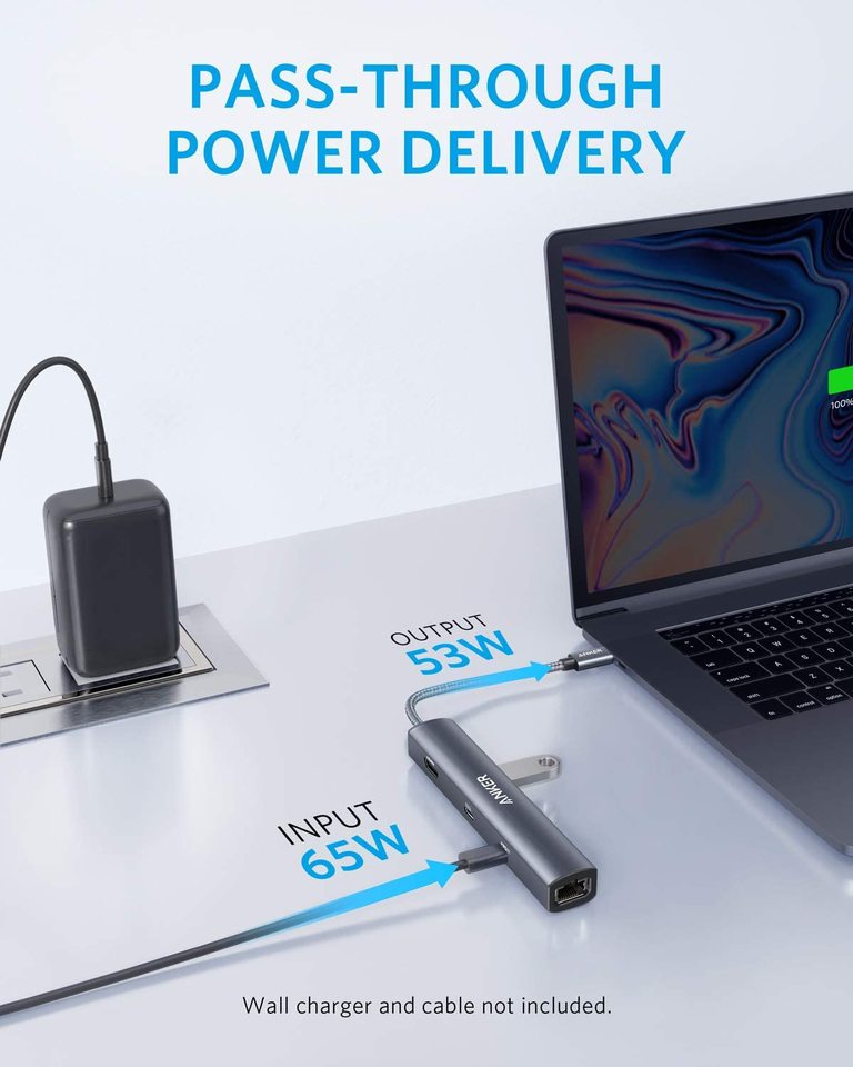 Anker 543 hub connected to a laptop and display