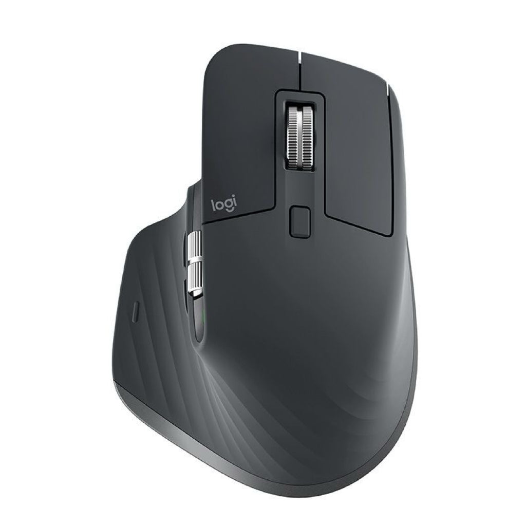 Logitech MX Master 3s wireless mouse in graphite sculpted ergonomic shape