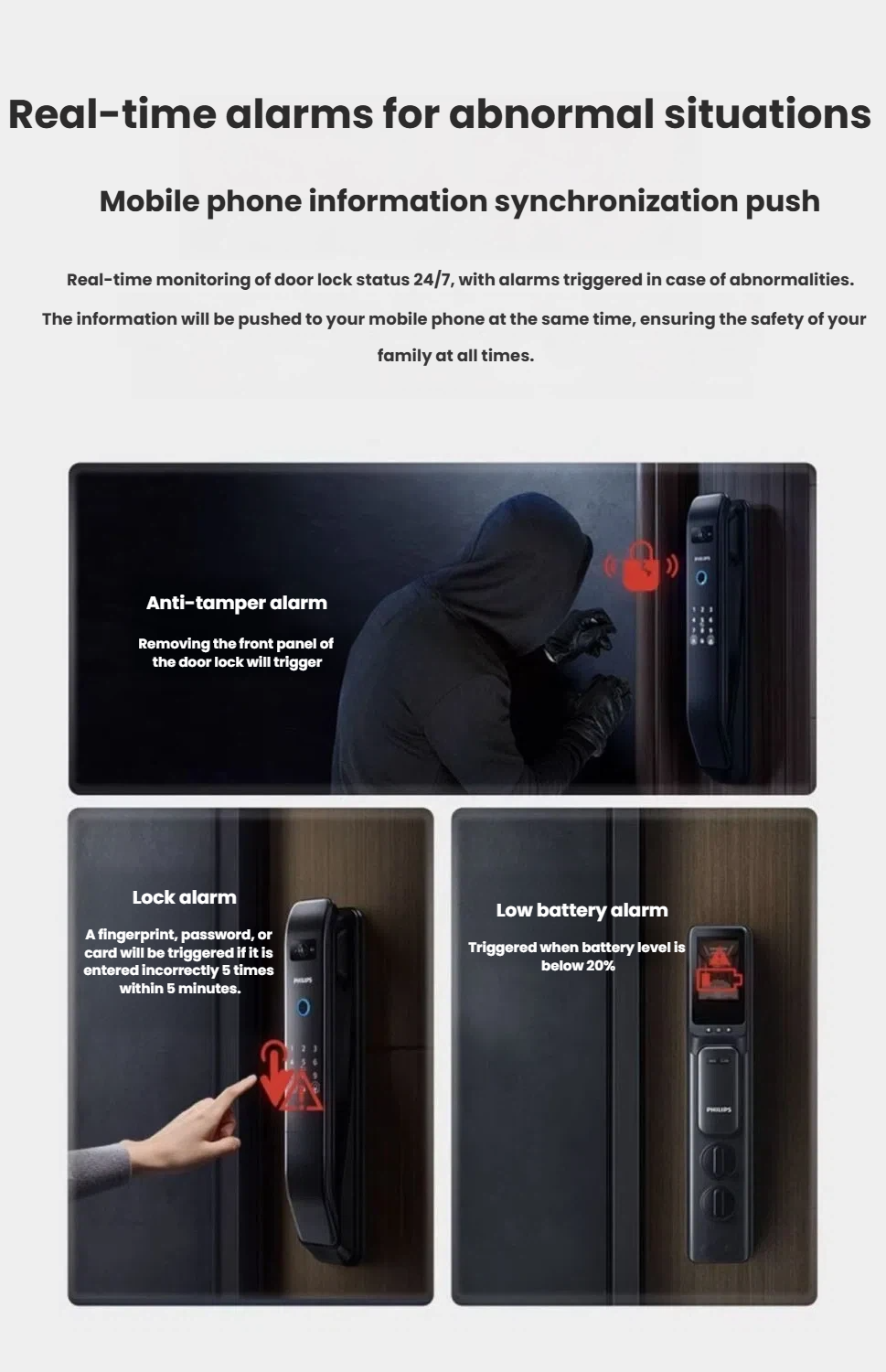 Philips DDL303 smart lock — push-pull handle ergonomic detail