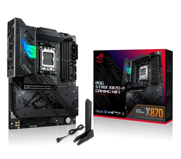 ASUS ROG STRIX X870-F Gaming WiFi AM5 motherboard with retail box and antenna