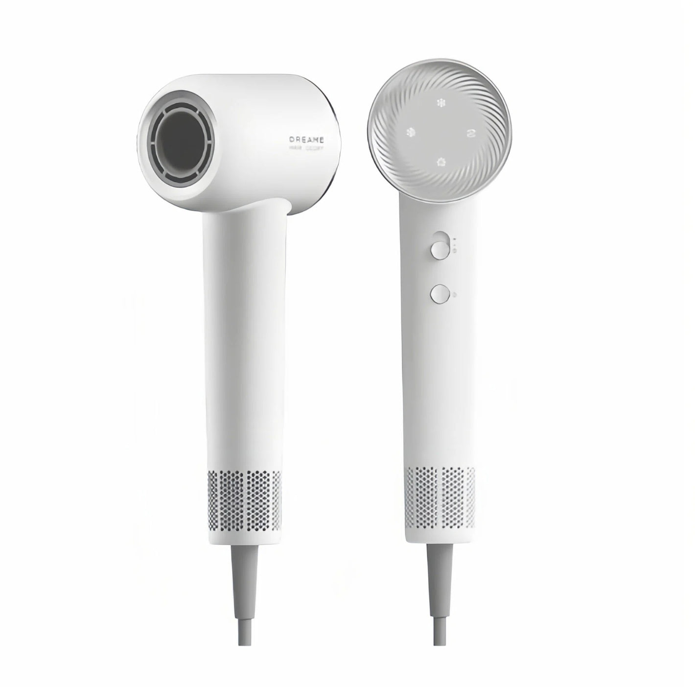  The Dreame Hair Glory high-speed hair dryer in white, showing the front nozzle view and the back view with its button controls and air intake grille.