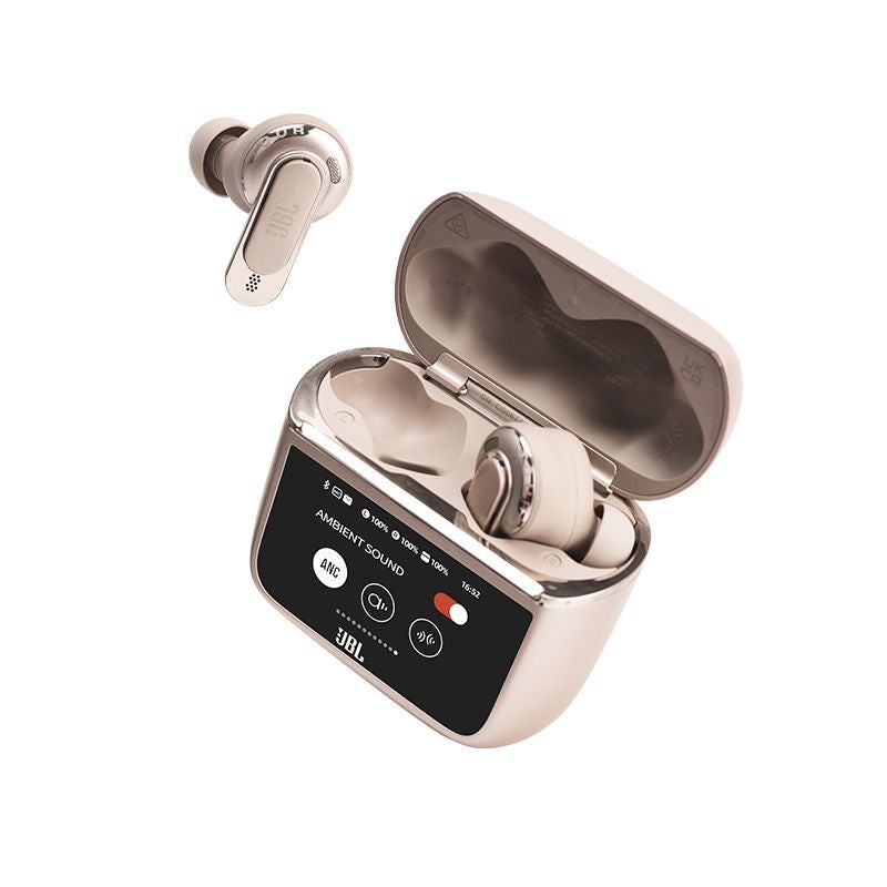 JBL Tour Pro 3 earbuds and Smart Charging Case touchscreen display close-up