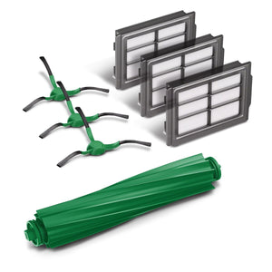 iRobot replenishment kit with three filters, three green edge brushes and one rubber roller