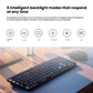  Lifestyle shot of the Logitech MX Mechanical on a desk, demonstrating the smart backlighting system with 6 adjustable modes like breathing, wave, and reaction effects.