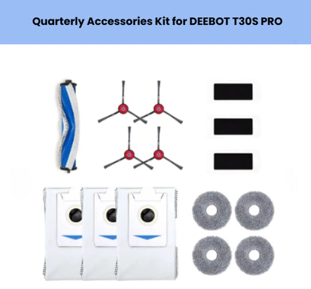 ECOVACS DEEBOT T30S PRO 15-piece kit: main brush, four side brushes, three filters, four mop pads and three dust bags